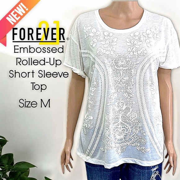 NEW Forever 21 Embossed Rolled-Up Sleeve Top - Picture 16 of 16
